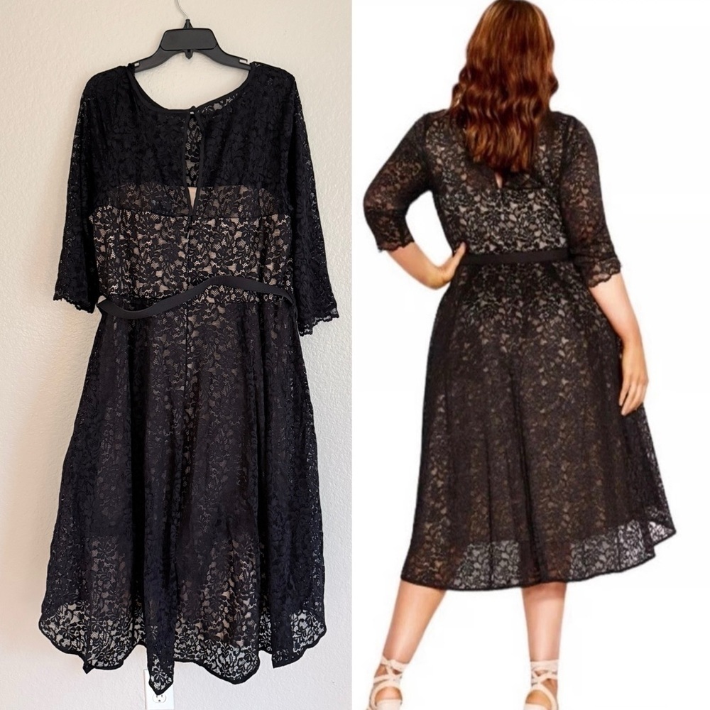 City Chic Plus Size Lace Lover Black High Low Dress Midi Belt - Picture 3 of 9